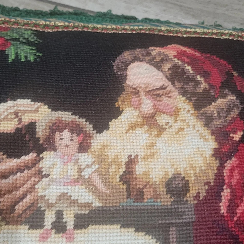 Vintage Santa Claus with Dolls Large needpoint pillow very full velvet backing
